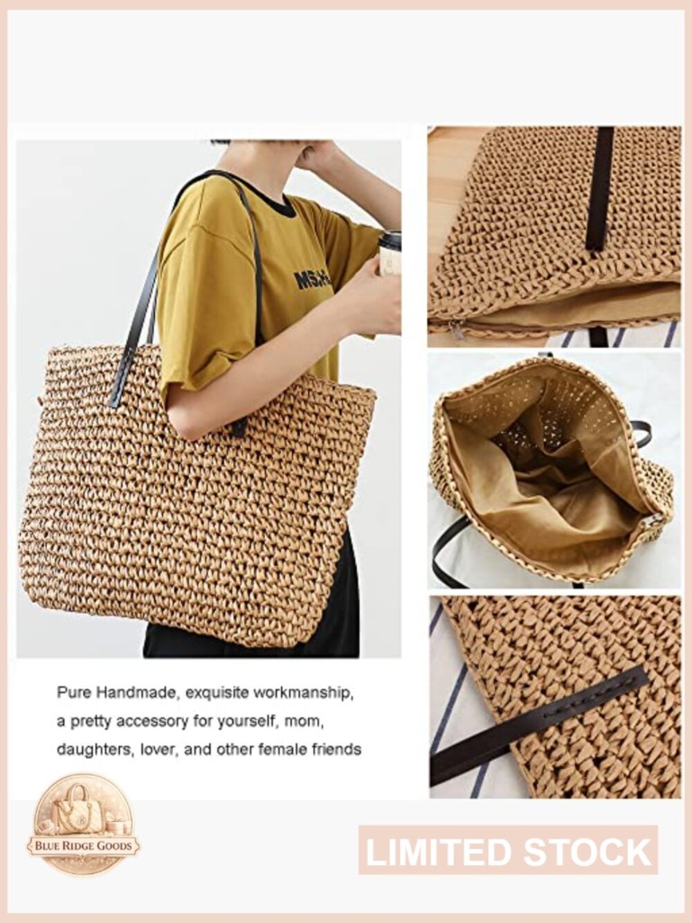 Large Straw Tote Bag Handwoven Summer Beach Shoulder Bag Zipper Closure Foldable - Picture 4 of 7